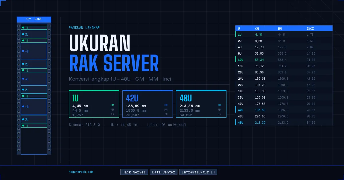Tabel konversi ukuran rak server dari 1U hingga 48U lengkap dengan nilai dalam CM, MM, dan Inci berdasarkan standar EIA-310