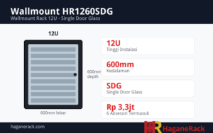 Ilustrasi spesifikasi Wallmount HR1260SDG 12U dengan logo HaganeRack