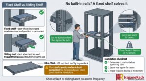 Infografis fixed shelf vs sliding shelf dan cara memasang HRA-FS60 di rak server