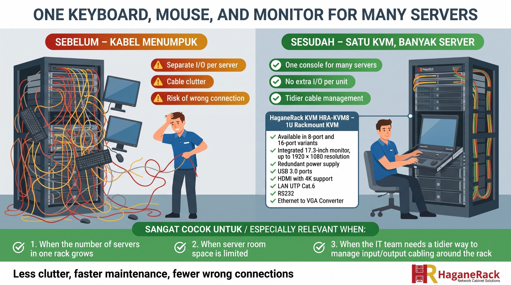 Ilustrasi KVM HRA-KVM8 HaganeRack: satu keyboard, mouse, dan monitor untuk kontrol banyak server dalam satu rak